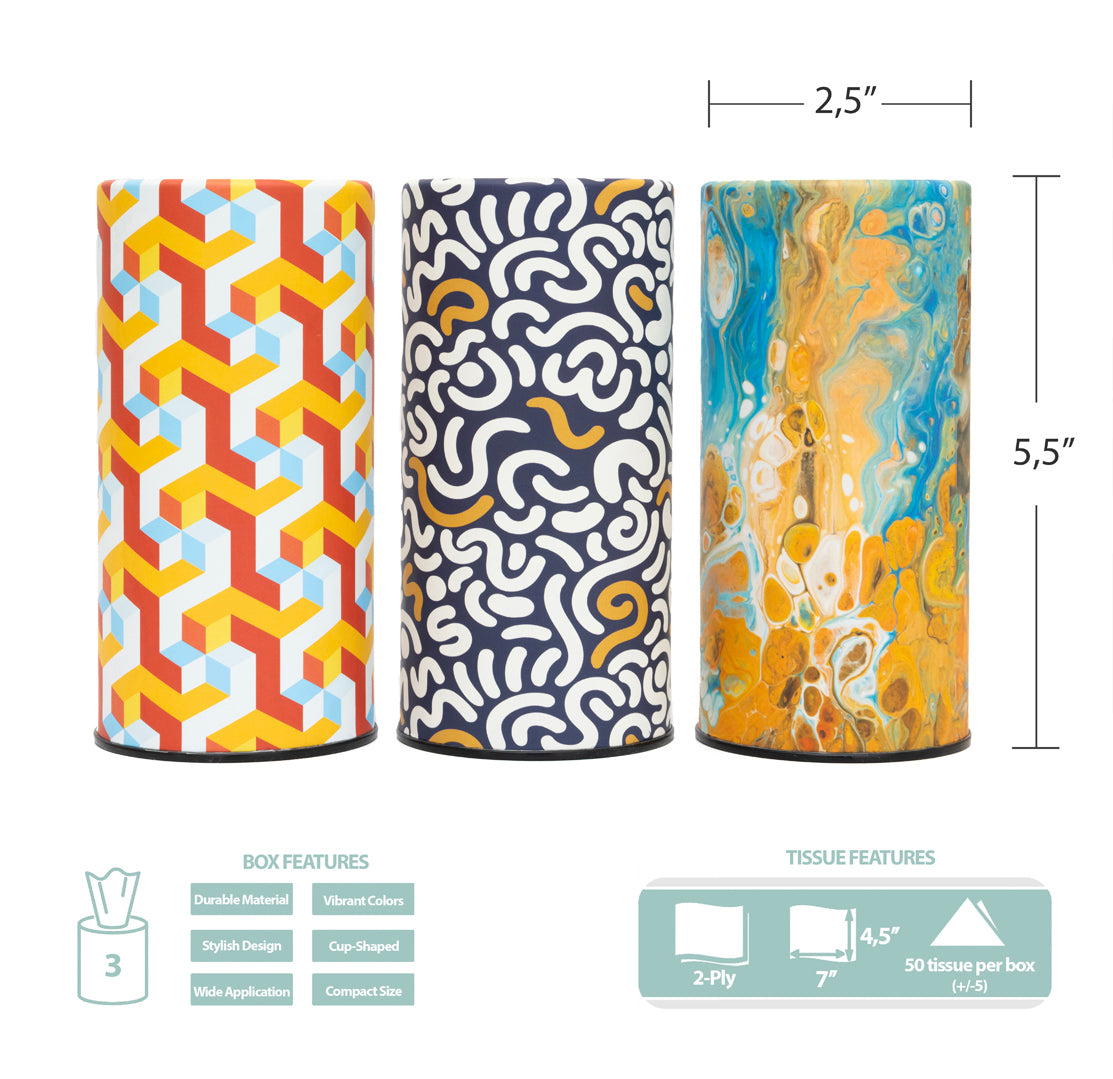 Car Tissues Holder with Facial Tissues, Marble, 3 PK, Travel Tissue Tubes for Car Box Container (Kopya)