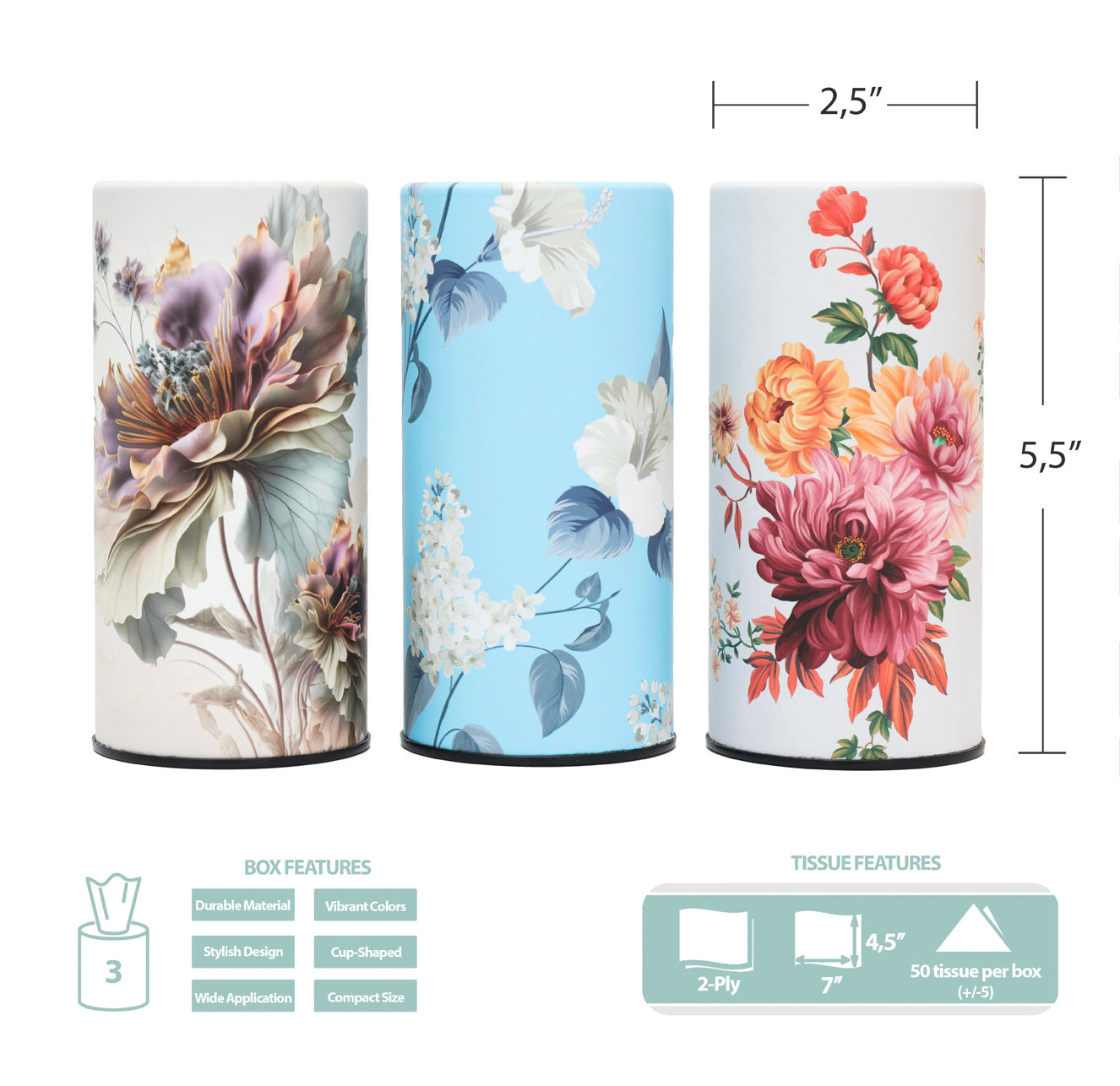Car Tissues Holder with Facial Tissues, Floral, 3 PK, Travel Tissue Tubes for Car Box Container
